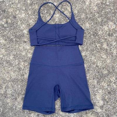 2 Piece Gym Sports Set Women Yoga Shorts Set Workout Outfit Fitness Suit Cross Straps Bra High Waist Shorts Running Tracksuit