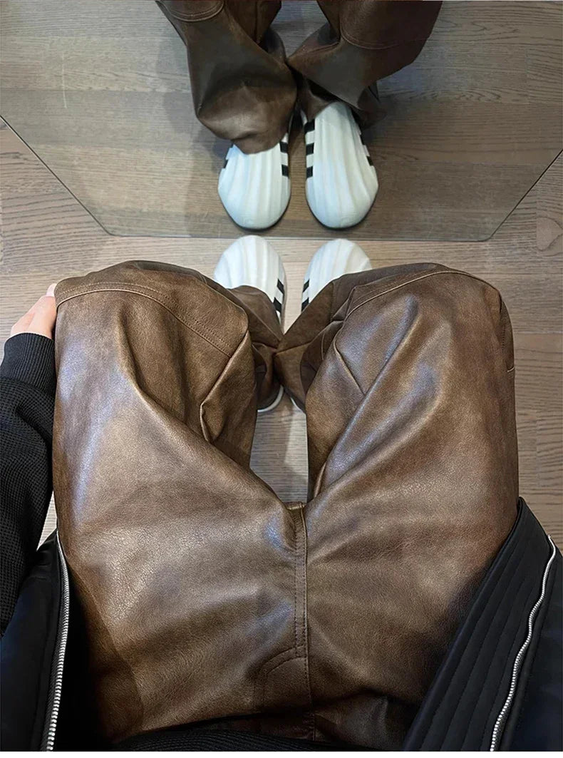 Mauroicardi Autumn Long Retro Cool Baggy Distressed Washed Brown Soft Pu Leather Wide Leg Pants for Men Luxury Designer Clothes