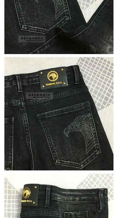 Fashion Original Luxury Boyfriend Black Harajuku Stretch Designer Eagle Printed Cowboy Graphic Jeans for Men Denim Trousers Male