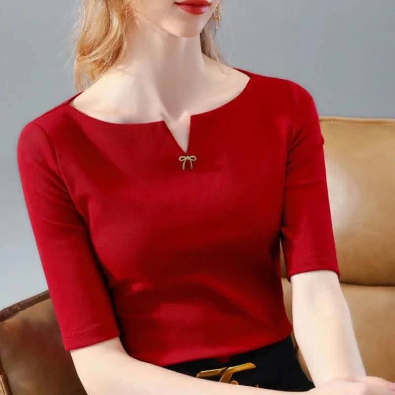 Women V-Neck Short Sleeve brooch Red Tops