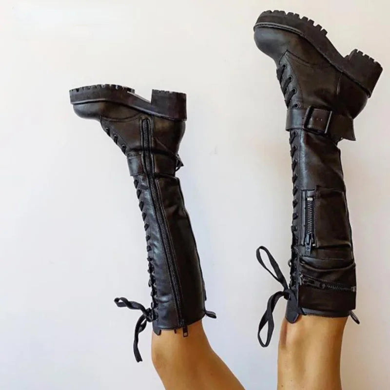 Knee High Boots Women Cool Goth Zipper Design Pocket Lace Up Chunky Heel High Quality Shoes Woman Fashion Popualr Big Size 35-43