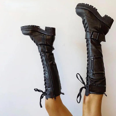 Knee High Boots Women Cool Goth Zipper Design Pocket Lace Up Chunky Heel High Quality Shoes Woman Fashion Popualr Big Size 35-43
