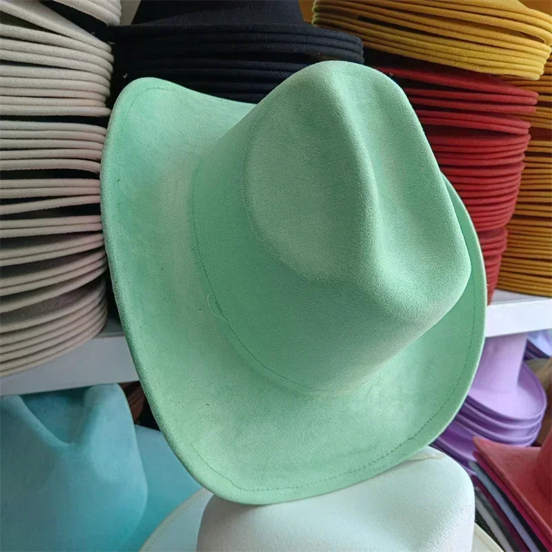 Western suede leather 7.5cm denim women’s fedora hat men’s church jazz fashion travel party 2024