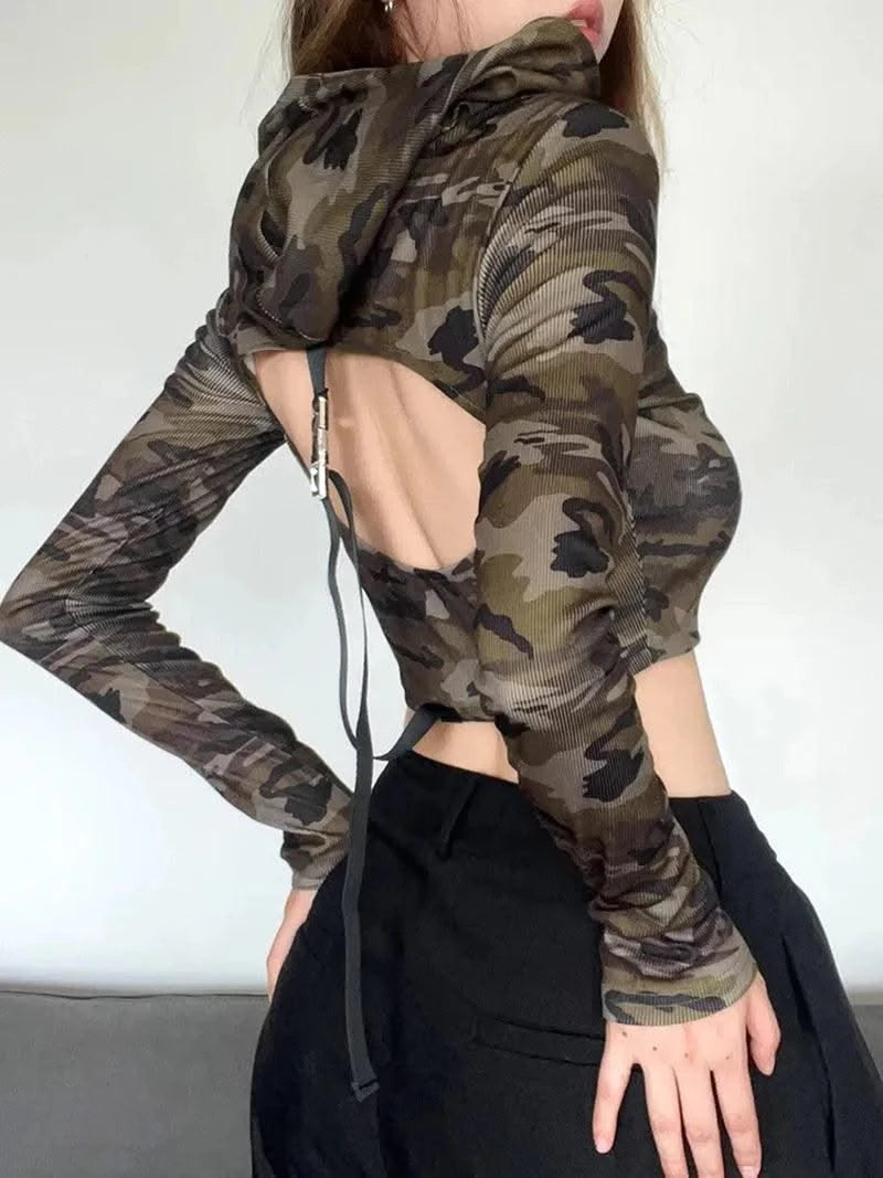American Camo Streetwear Tops Women Back Hollow Out