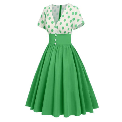 Polka Dot Women Summer Dresses Hepburn Style V-Neck Short Sleeve Vintage Print Patchwork Party Dress Casual A-Line