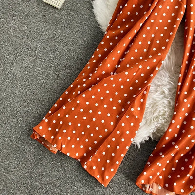 V Neck Sexy Dolman Sleeves Waist Slim Polka Dot Print Jumpsuit Women Wide Leg Trousers Jumpsuit