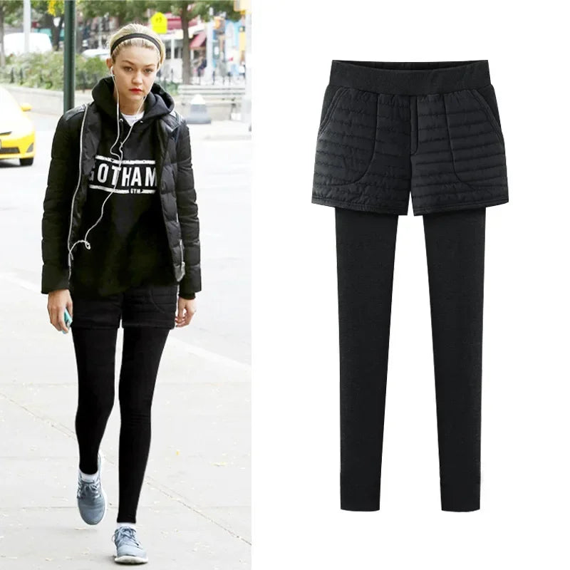 Winterfleece-lined Women's Tights Two-piece Illusionshorts Autumn/winter Thickened Cotton Wadded Trousers Warm Leggings