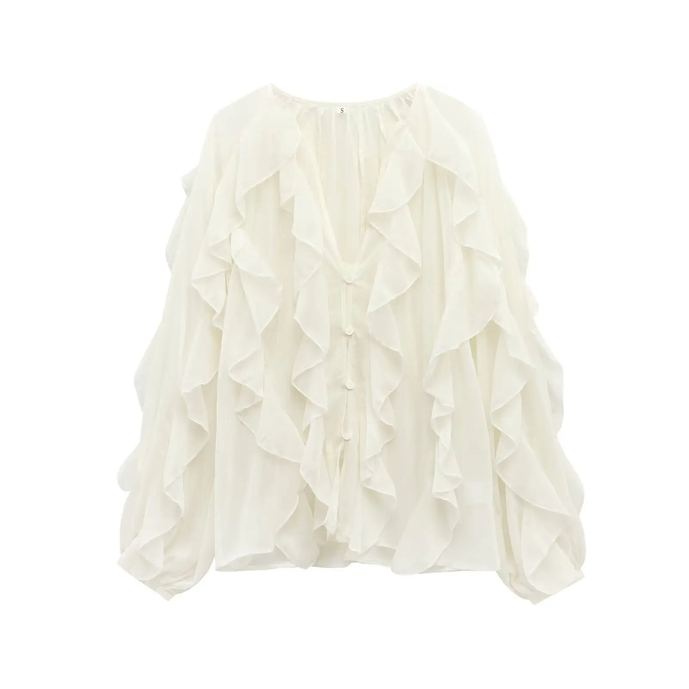 HH Casual Women Ruffles Shirts 2025 Female Loose Lace Up Hollow Out V Neck Semi-Transparent Blouses Spring Lady Clothes