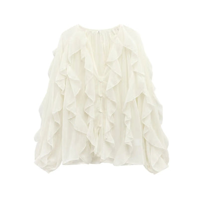 HH Casual Women Ruffles Shirts 2025 Female Loose Lace Up Hollow Out V Neck Semi-Transparent Blouses Spring Lady Clothes