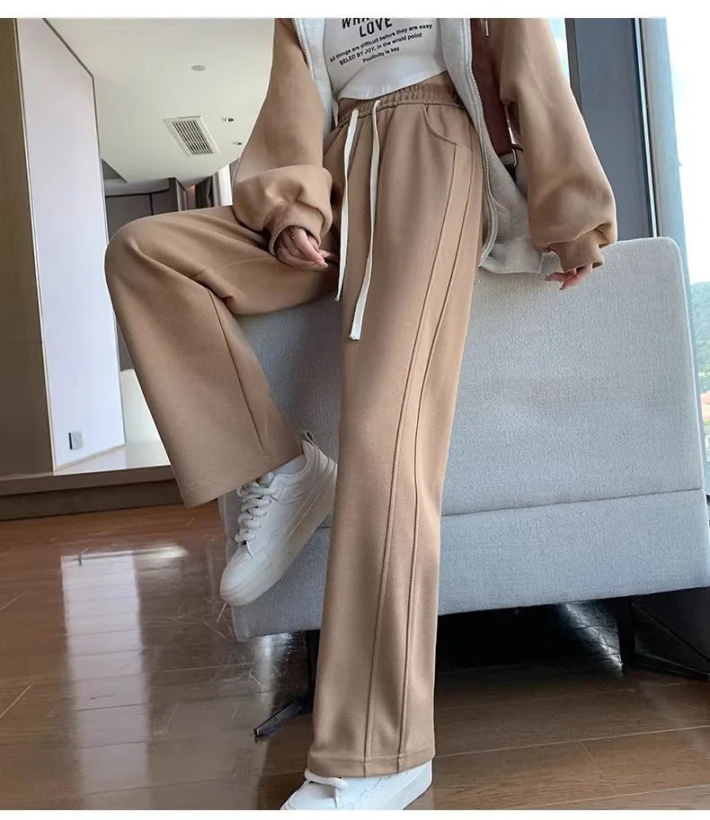 Narrow Version of Wide-leg Pants for Women in Spring Autumn High Waist Drooping Slim Casual Straight American Sports Twill