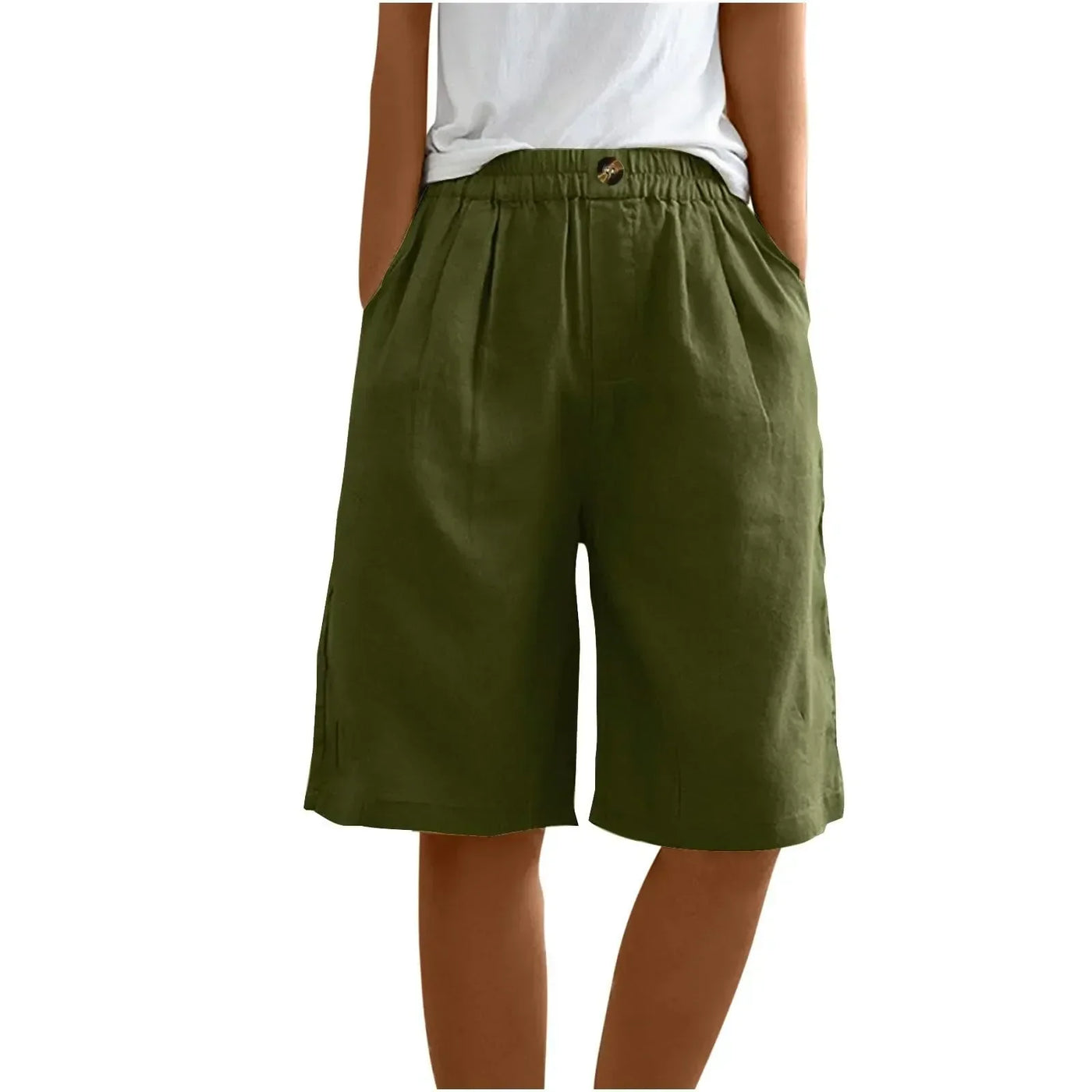 Women's Fashion Solid Color Cotton Linen Shorts - Loose Elastic Waist Capris with Pocket and Button Up Design