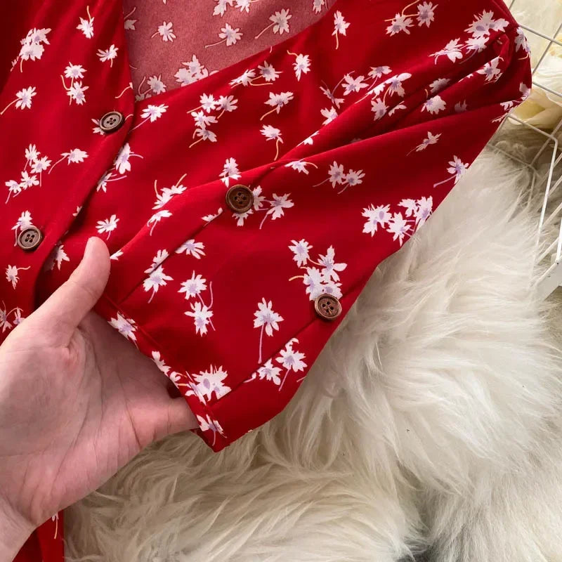 Korean Red elegant sexy Dress women Summer Autumn V-neck polka dot midi dress waist split dress vestidos de fiesta clothes