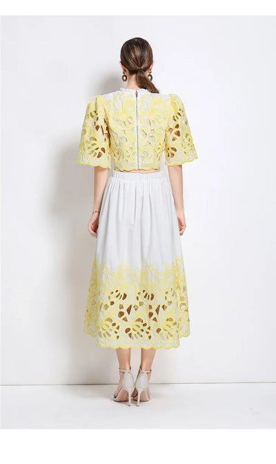 Summer Short Sleeve A-LINE Set Skirt for Women Fashion Ruffled Collar Embroidery Set Skirt Women Vestidos De Verano Mujer Q344