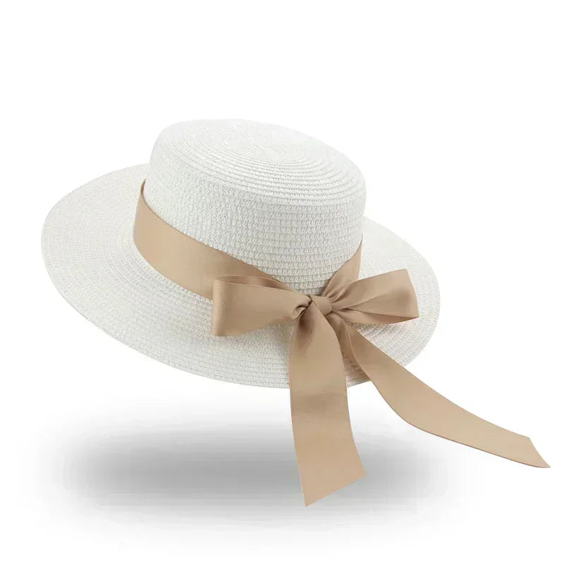 Bucket hat beach summer straw hats for women flat top ribbon bowknot elegant luxury sombreros de mujer