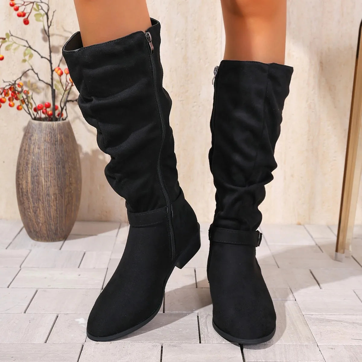 Women Knee High Boots Autumn Winter Female Shoes Fashion Female Slip-on Folds Low Heel Pointed Toe Long Boots Botas De Mujer 983
