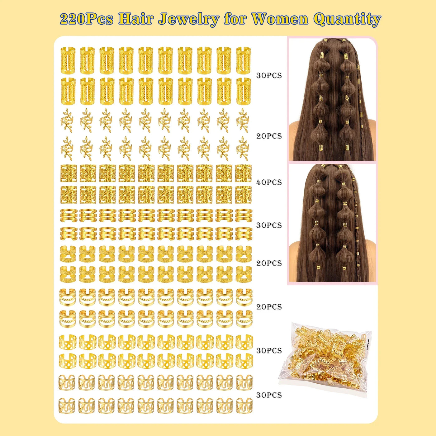 220pcs Hair Accessories, Loc Jewelry For Braids, Women's Hair Jewelry, Metal Hair Ring Cuff For Dreadlocks Accessories