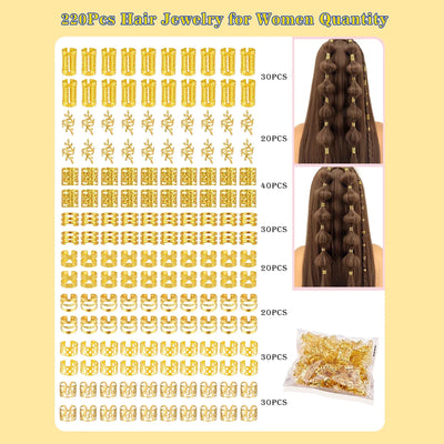 220pcs Hair Accessories, Loc Jewelry For Braids, Women's Hair Jewelry, Metal Hair Ring Cuff For Dreadlocks Accessories