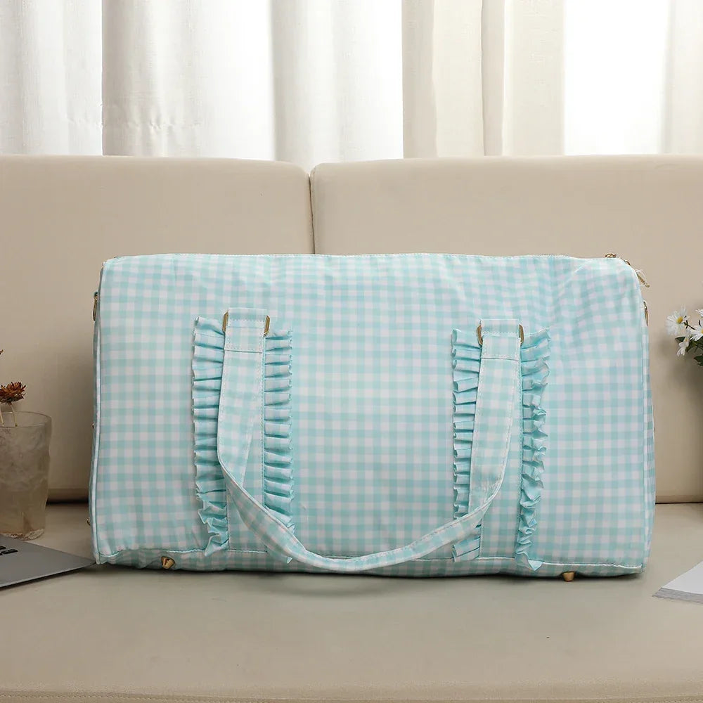 Nylon Duffel Bag Women Ruffle Duffle Gingham Weekend Sports Overnight Travel Vacation Gift Stripe Detachable Adjustable Strap