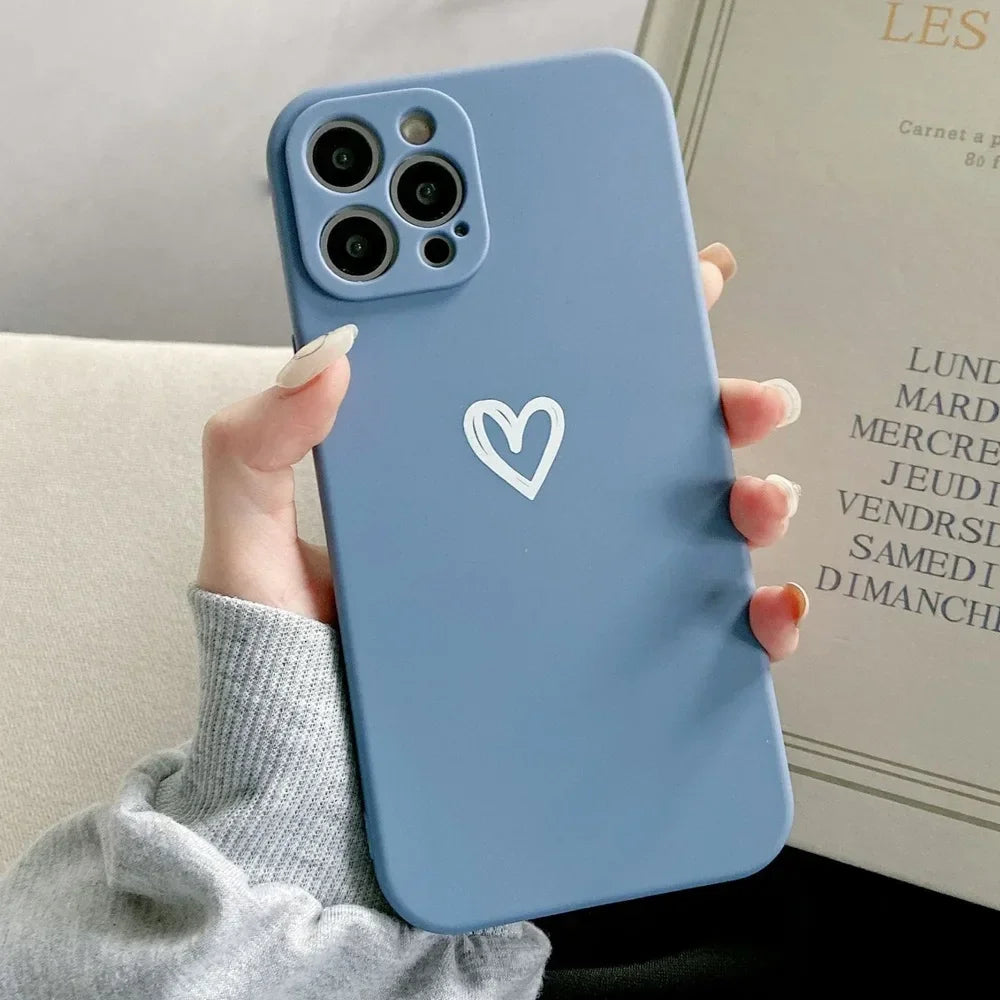 Cute Love Heart Soft Bumper Phone Case For iPhone 16 15 14 13 12 11 Pro X XR XS Max 8 7 Plus Mini Candy Matte Shockproof Cover