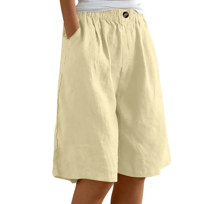 Women's Fashion Solid Color Cotton Linen Shorts - Loose Elastic Waist Capris with Pocket and Button Up Design