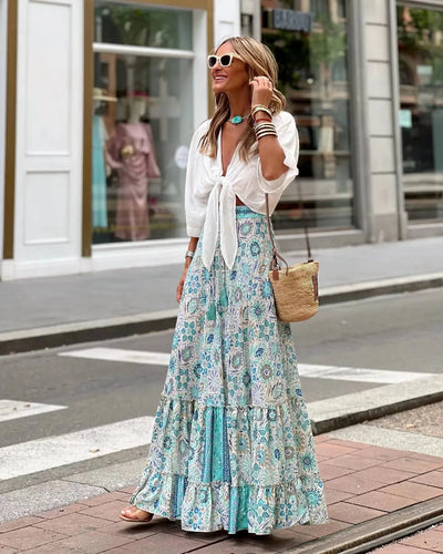 Bohemian Style Printed A-line Skirt Women Fashion Beach Vacation Loose Drawstring Ruffles Skirts Female  Summer New Streetwear