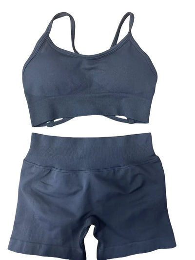 2025 Yoga High Quality Set Solid Color Women's Sports Hip Lift Shorts Cross Bra Shockproof Backrest Sling 2-piece Set Summer