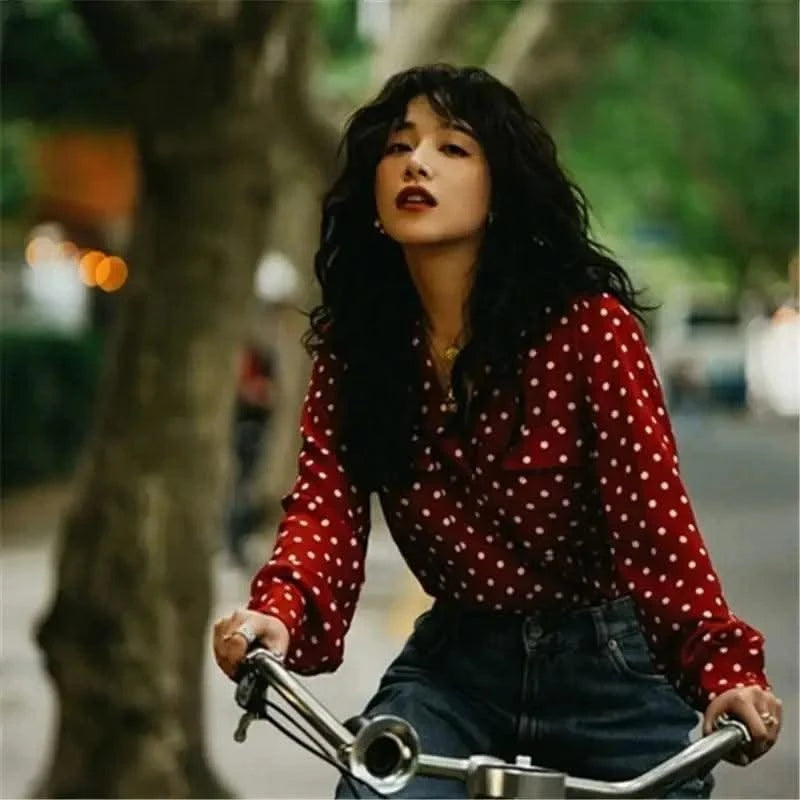 Top V-neck Red Polka Dot Shirt for Women