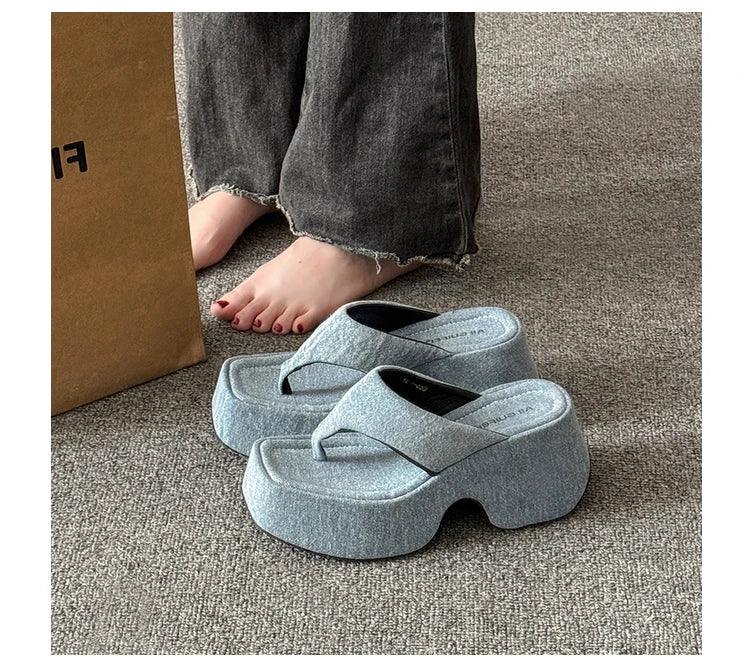 Women's Summer Outdoor Platform Sandals Flip Flops High Heel Thi Bot Clog oes Heightening Slippers Korean Sle PU Mat...