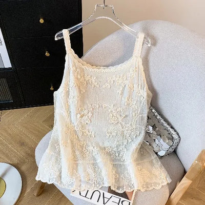 Ele Embroidered Lace Trim Csole Tank Top Women's Svel Summer Layering Vest Inner Wear Loose Fit Cotton 00%
