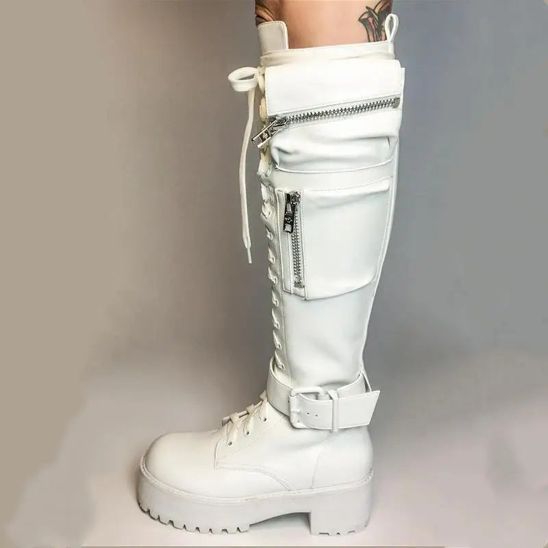 Knee High Boots Women Cool Goth Zipper Design Pocket Lace Up Chunky Heel High Quality Shoes Woman Fashion Popualr Big Size 35-43