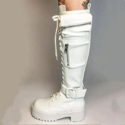 Knee High Boots Women Cool Goth Zipper Design Pocket Lace Up Chunky Heel High Quality Shoes Woman Fashion Popualr Big Size 35-43