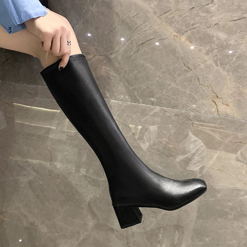Knee-high  Boots Women's Autumn Winter Faion Briti Sle Flat Head Slimming High-calf Boots Waterproof PU Leather