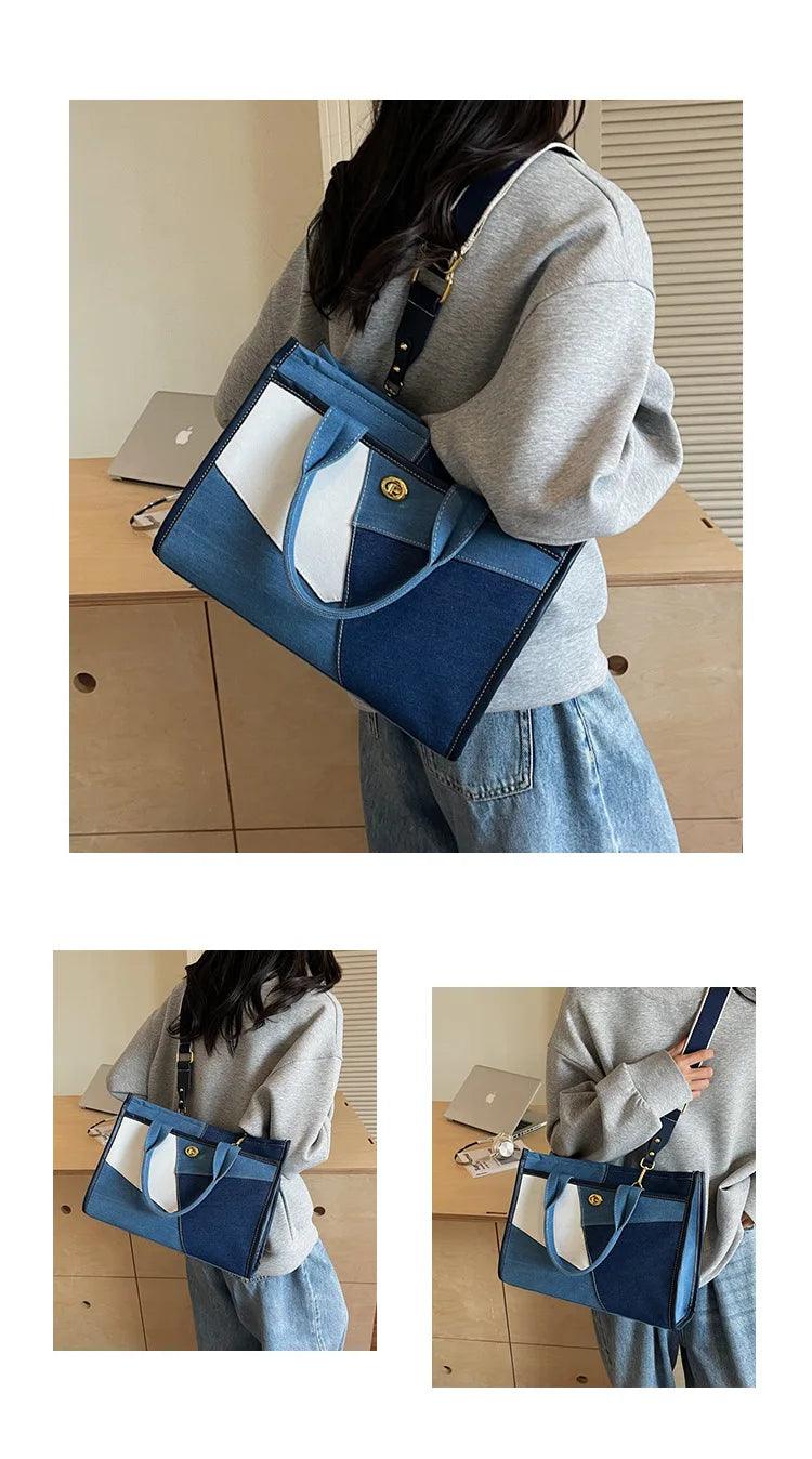 Designer colorblock canvas tote - oversized denim shoulder bag for women stylish work & casual crossbody purse