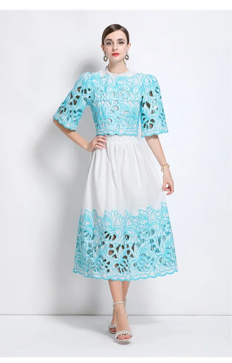 Summer Short Sleeve A-LINE Set Skirt for Women Fashion Ruffled Collar Embroidery Set Skirt Women Vestidos De Verano Mujer Q344