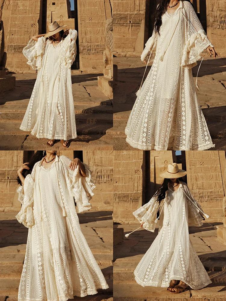 TIYIHAILEY Lace Embroidery Spring Women Dresses Full Flare Sleevev Beige Loose Ladies Clothing Fashion Long Maxi 2025 2pcs New