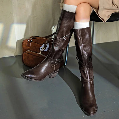 Women's Knee High Boots Mid Heels Fashion Buckle Shoes 2025 Winter Pumps Chelsea Boots New Walking Designer Trend Mujer Botas