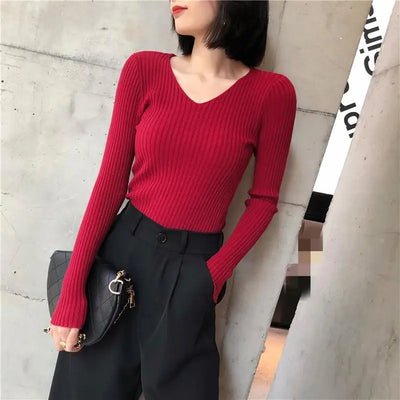 Autumn Women Sweaters Casual Long Sleeve Knitted V Neck Pullover Sweater Winter Femme Solid Jersey Tops Fashion Clothes