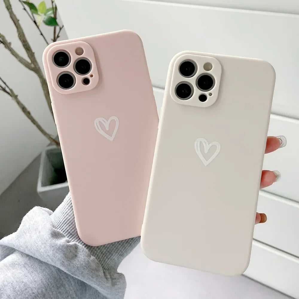 Cute Love Heart Soft Bumper Phone Case For iPhone 16 15 14 13 12 11 Pro X XR XS Max 8 7 Plus Mini Candy Matte Shockproof Cover