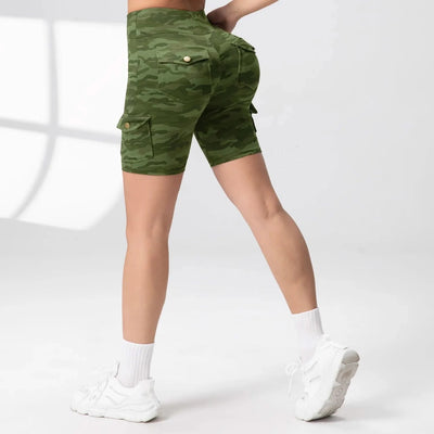 Camouflage Printed Women Shorts with 4 Pockets High Waist Butt Lifting Workout Tights Elastic Breathable Outdoor Running Shorts