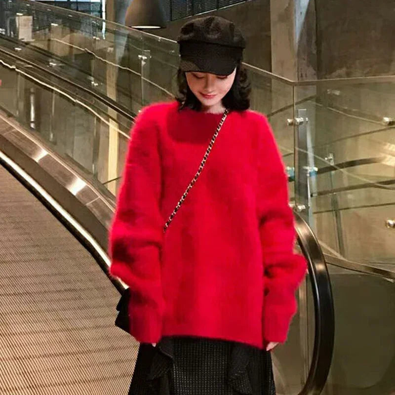 2023 New Year Sweaters For Women High Quality Autumn Winter Mohair Knitted Thick Warm Red Loose Mink Cashmere Pullovers