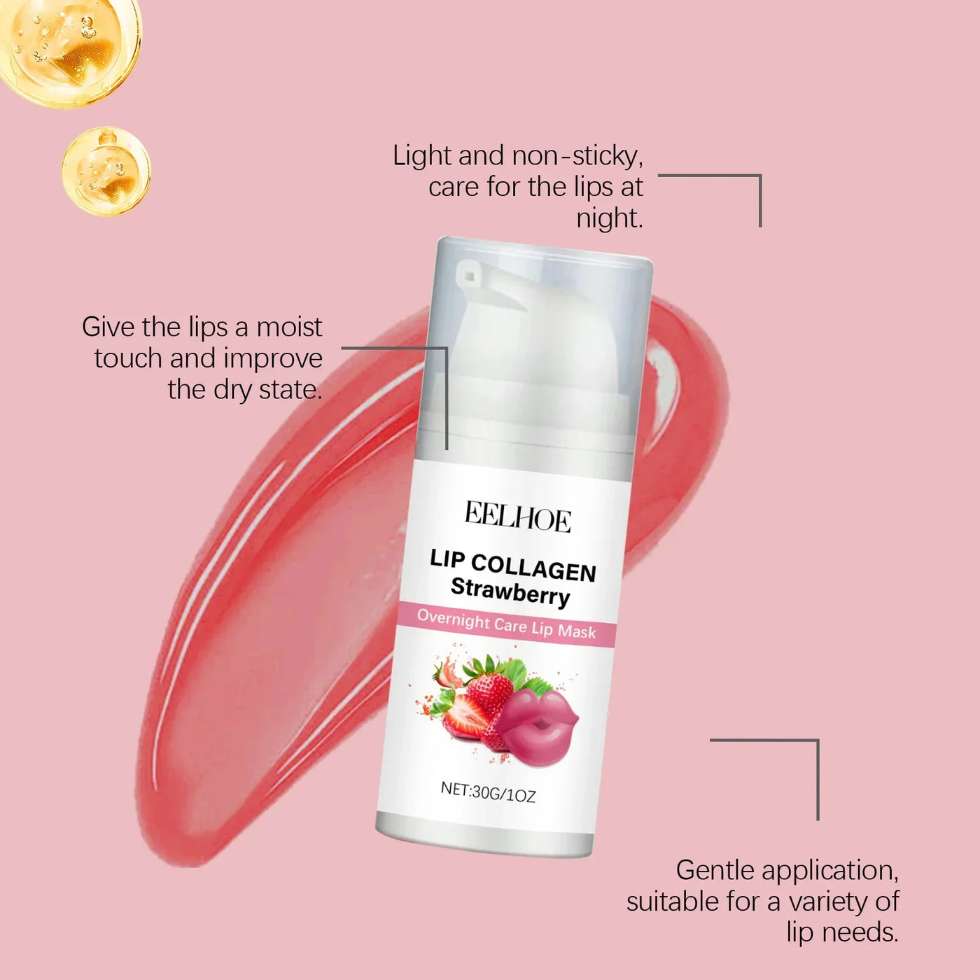 EELHOE Strawberry Night Lip Mask Overnight Deep Hydration Exfoliant for Lips Enhance Skin Elasticity Moisturizing Lip Mask 30g