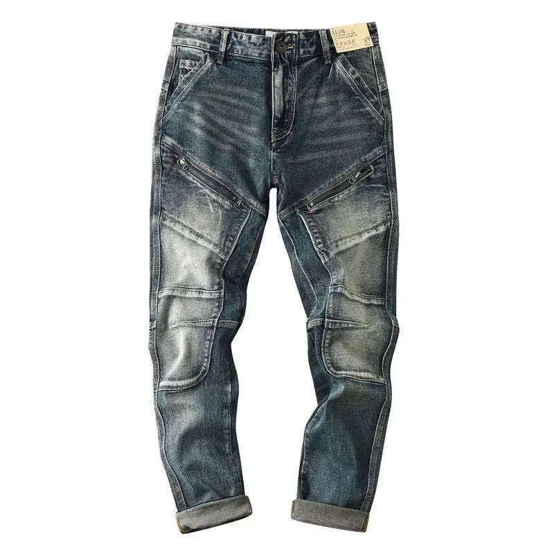 High-end 2022 Retro Motorcycle Jeans Men Spring Autumn Loose Zipper Designer Straight Pants Stitching Tooling Cargo Pants Men