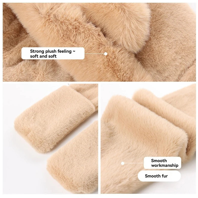 Winter Warm Plush Fleece 3-in-1 Bear Ear Hooded Cap Scarf Gloves Set Windproof Outdoor Accessories for Cold Weather
