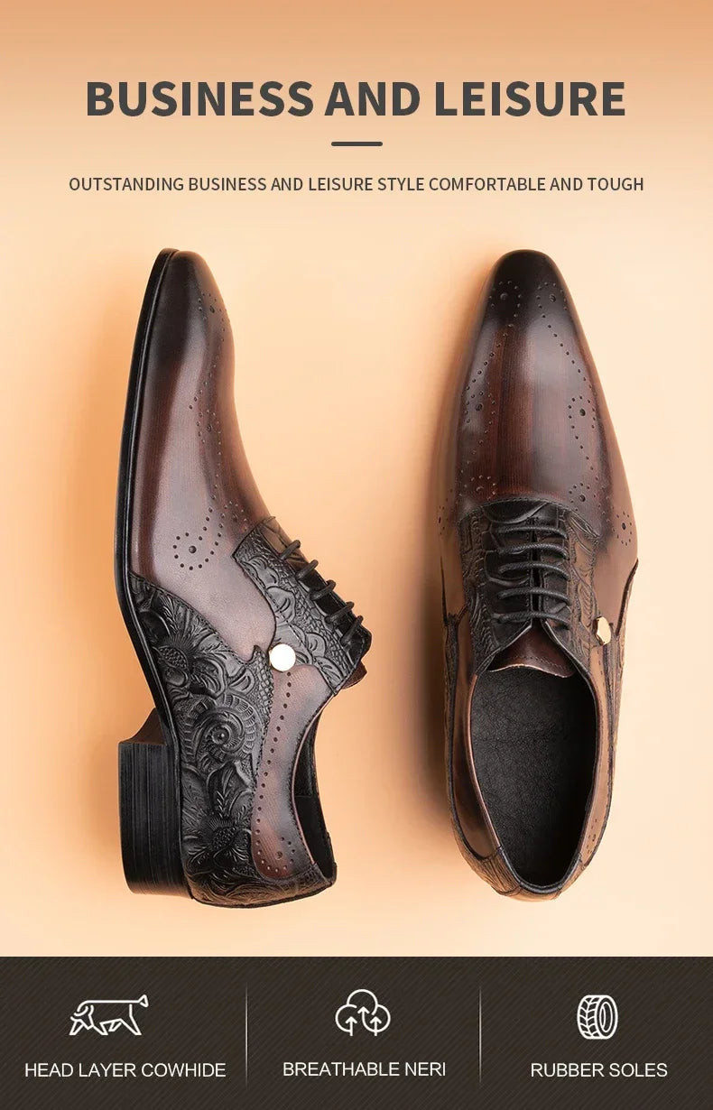 Handmade Mens Wedding Dress Brogue Shoes Genuine Leather Lace-up Latest Design Fashion Casual Shoes Man Pointed Dress Shoes