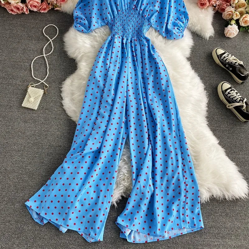 V Neck Sexy Dolman Sleeves Waist Slim Polka Dot Print Jumpsuit Women Wide Leg Trousers Jumpsuit