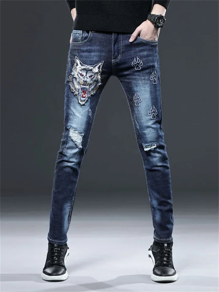 Men's Chinese Dragon Embroidery Jeans Fashion Kylin Embroidered Slim Pencil Pants Stretch Denim Trousers jeans for men pants