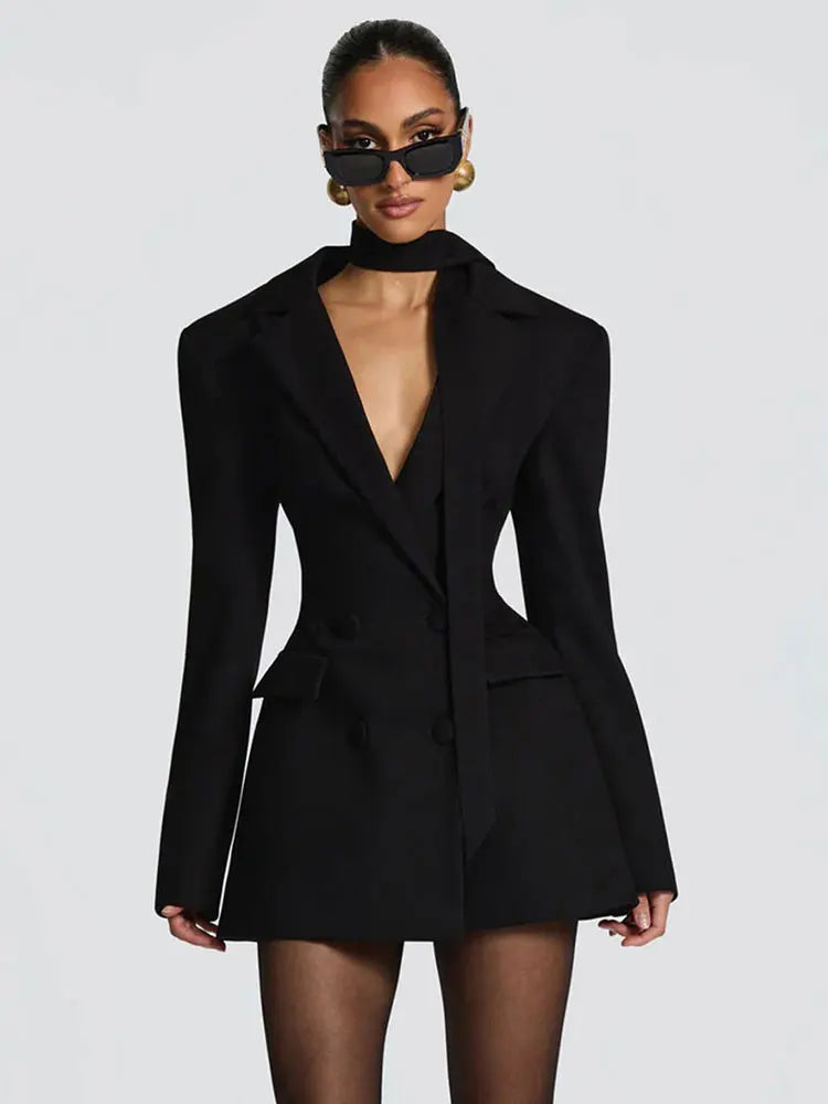 Sexy Mini Blazer Dress Wiht Scarf  Women Elegant  Long Sleeve Double-breasted High Waist Club Party Blazers Dress
