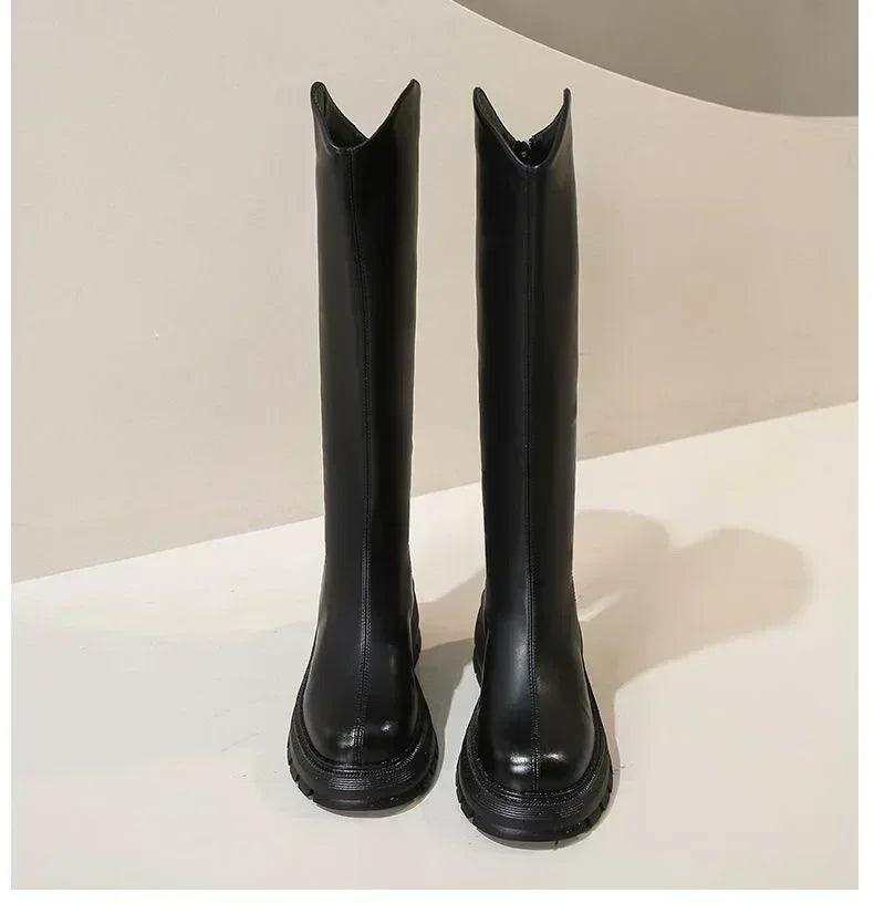 Long tube boots for women 2025 winter new height increasing knight thick heel retro versatile women’s
