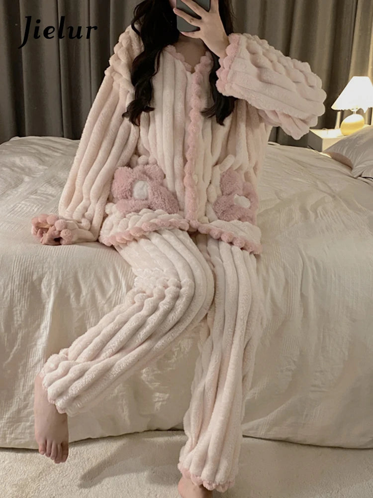 Jielur Winter New Flannel Pajamas for Women Sweet Solid Color Warm Flower Thickened Home Clothes Sleepwear Set Cardigans Suit