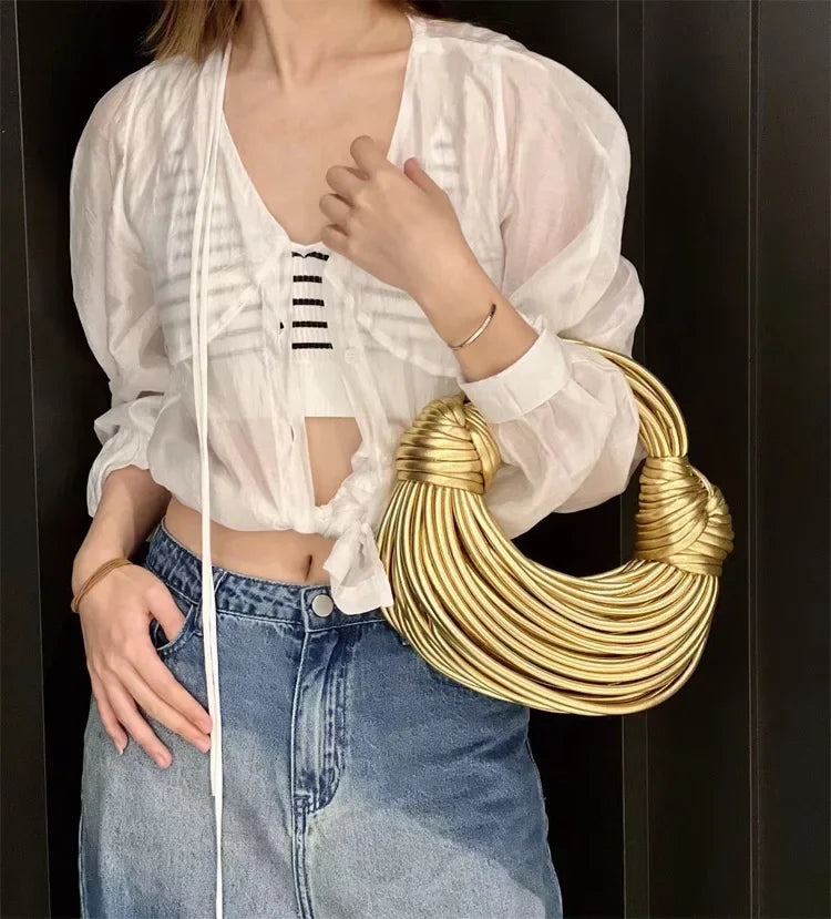 Handbags for Women 2025 New in Gold Luxury Designer Brand Handwoven Noodle Bags Rope Knotted Pulled Hobo Silver Evening Clutch